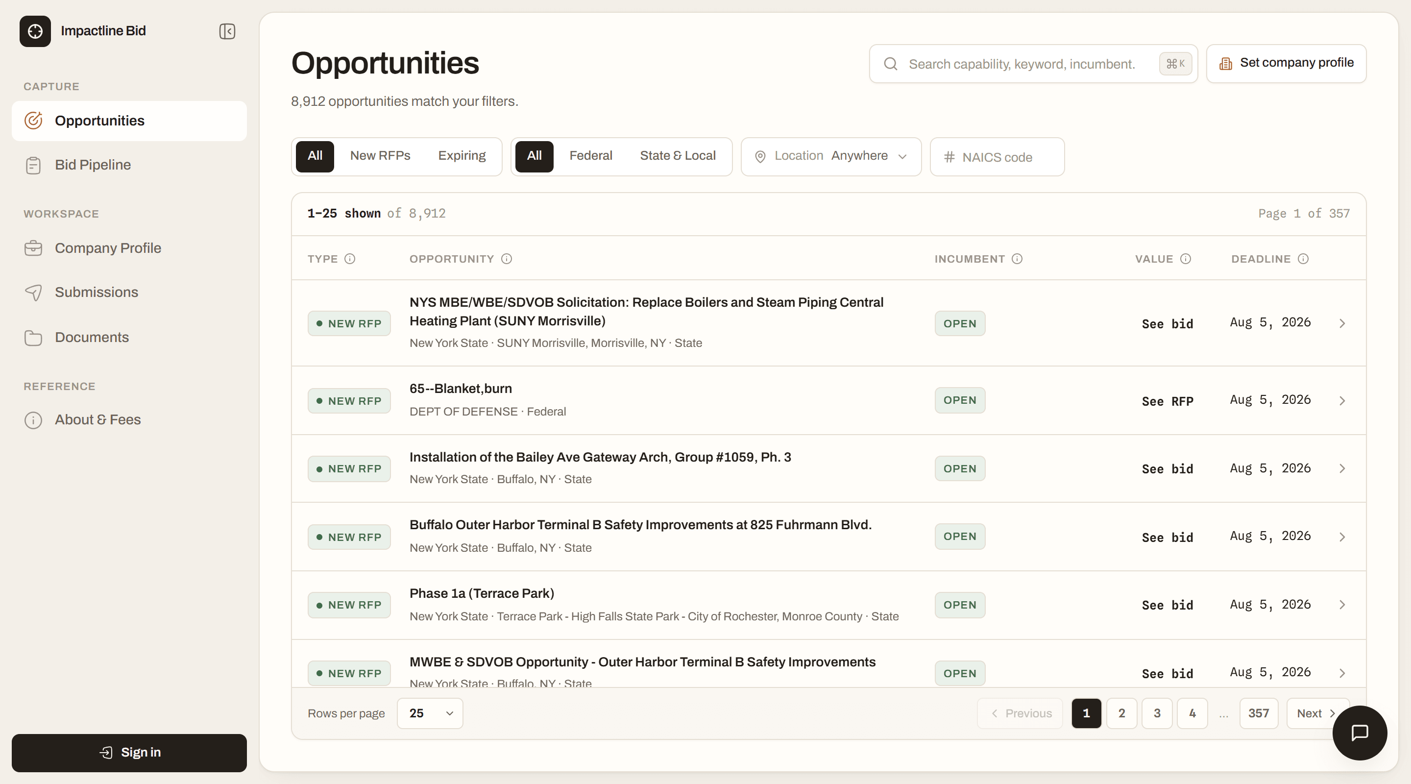The Impactline Bid opportunities table